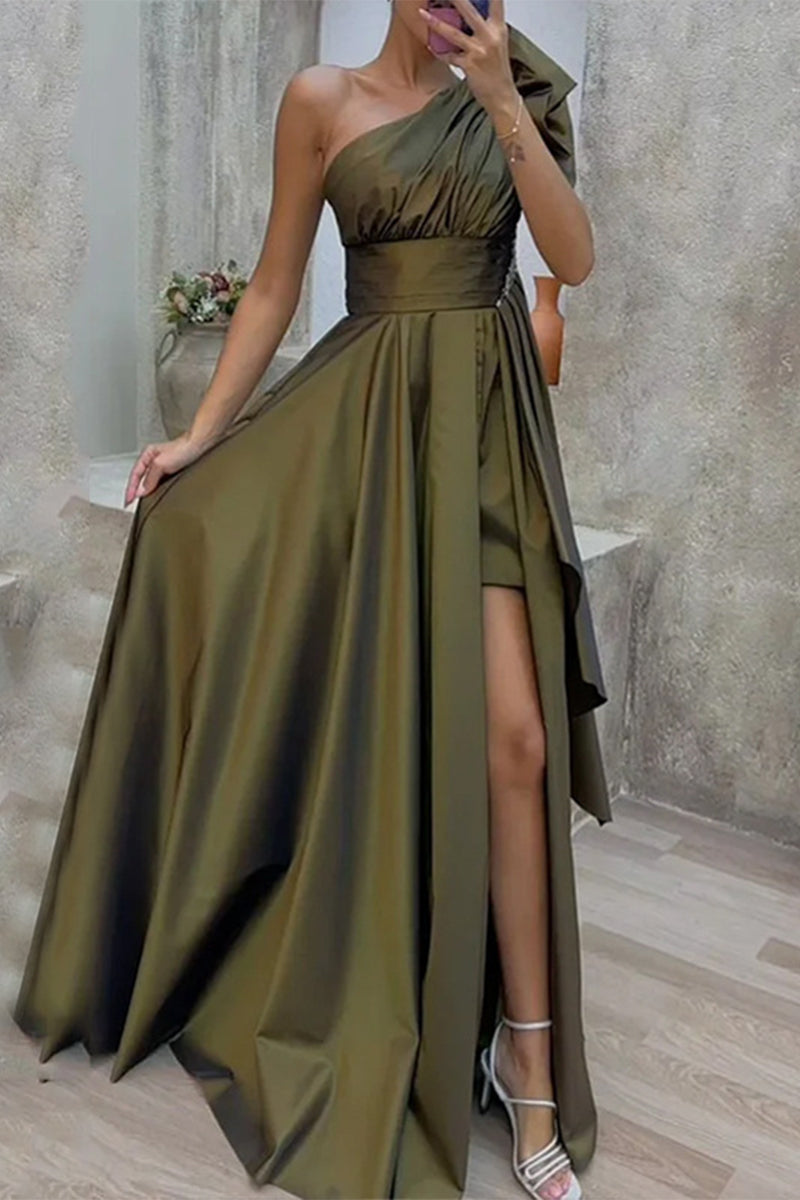 Abito da Sera Elegante Formale con Collo Obliquo Solido e Spacco