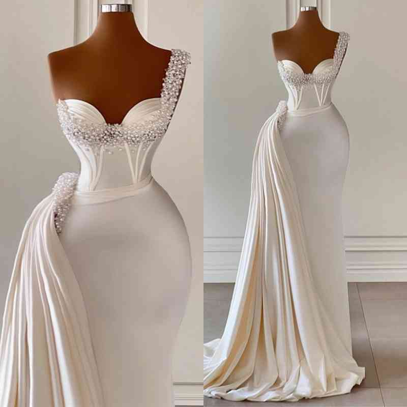 Bmbridal One Shoulder Mermaid Prom Dress Floor Length With Pearls Beading