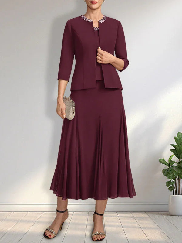 Getrenntes A-Linien Kleid mit U-Boot-Ausschnitt in Tee-Länge aus Chiffon für die Brautmutter mit Paillettenstickerei