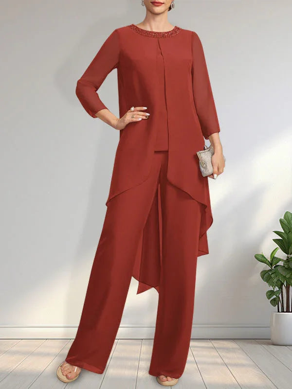 Mono/Pantalón Separado con Escote Redondo, Largo hasta el Suelo, de Gasa, Vestido de Madre de la Novia con Lentejuelas y Cuentas