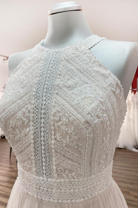 Vintage Long Halter Backless A Line Wedding Dress With Lace And Tulle
