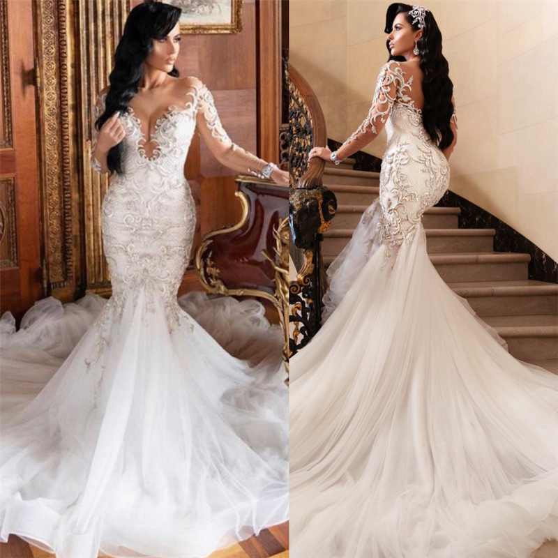 Mermaid Long Sleeve Lace Appliques Wedding Dress for Brides