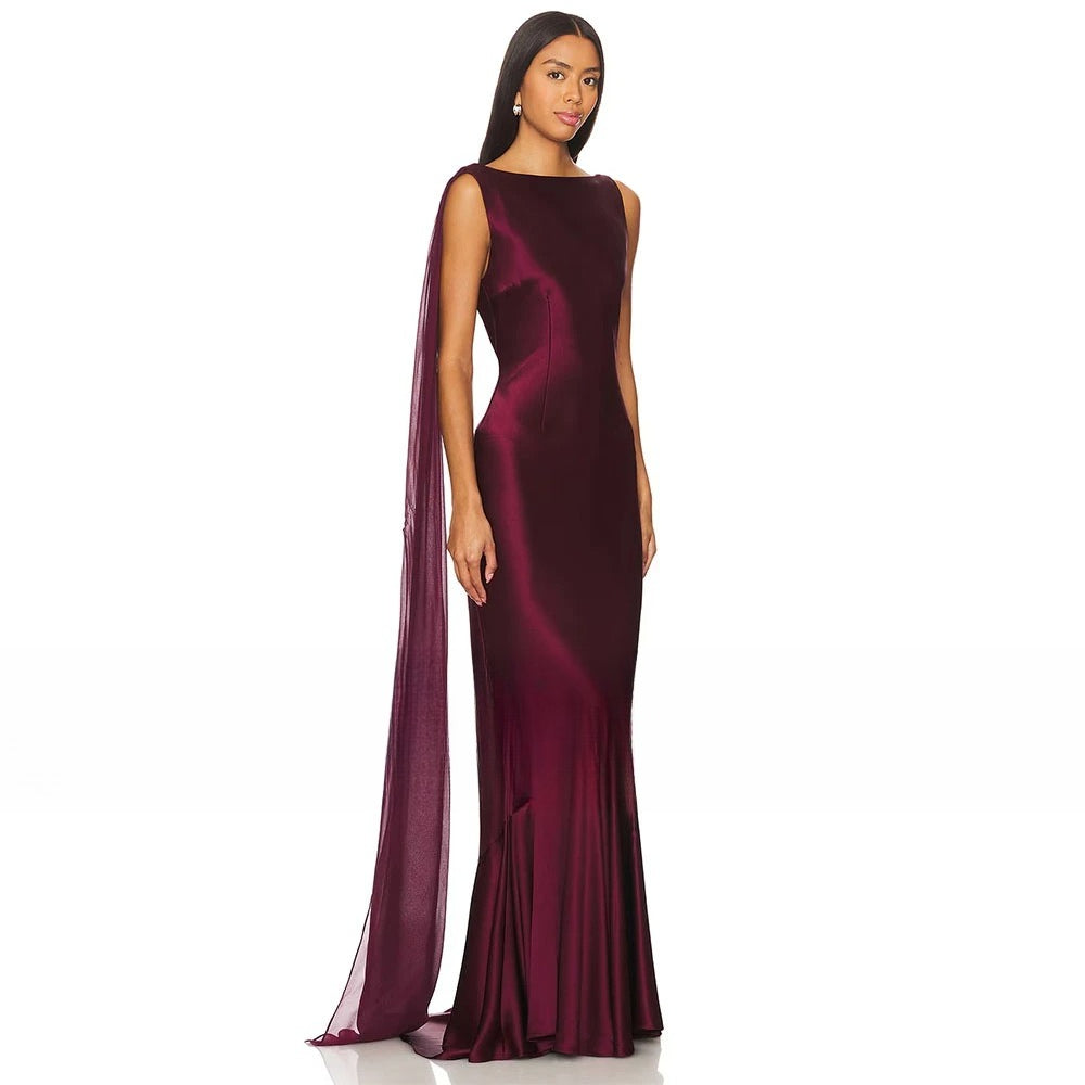 Burgundy Mermaid Women's Evening Gown Boat Neck Evening Dress For Wedding Sleeveless Long Backless Formal Dress