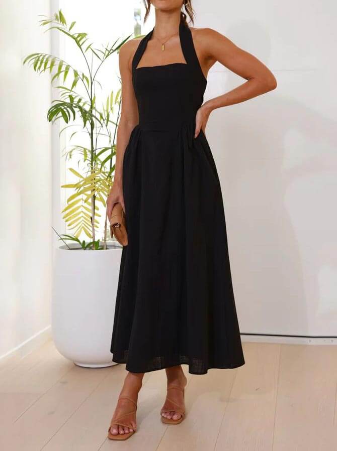 Neckholder-Taille, kleines schwarzes Kleid, mittellanges Kleid 