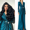 Vestido Formal de Festa de Noite Elegante para Mulher, Comprido até ao Chão, com Decote em V, Mangas Compridas, Pérolas e Franzidos, para Casamento e Baile