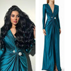 Vestido Formal de Festa de Noite Elegante para Mulher, Comprido até ao Chão, com Decote em V, Mangas Compridas, Pérolas e Franzidos, para Casamento e Baile