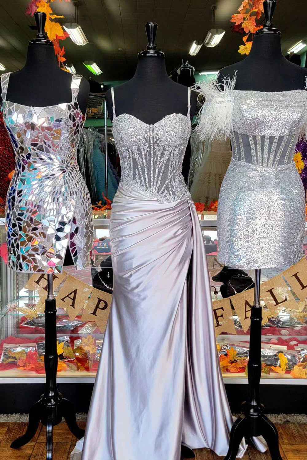 Trendy Mermaid Spaghetti Straps Silver Corset Prom Dress with Appliques
