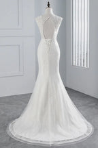 Chic Sleeveless Long Mermaid Jewel Tulle Wedding Dress With Lace Appliques