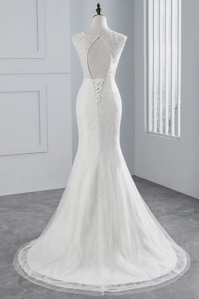 Chic Sleeveless Long Mermaid Jewel Tulle Wedding Dress With Lace Appliques