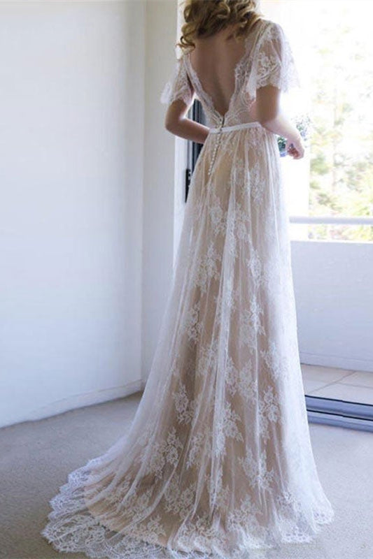 Lace Short Sleeves Boho Wedding Dress For Romantic Brides