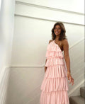 Vestido largo de fiesta rosa sin mangas con capas, vestido de noche rosa Y2301