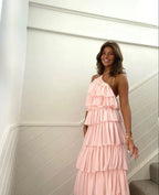 Vestido largo de fiesta rosa sin mangas con capas, vestido de noche rosa Y2301
