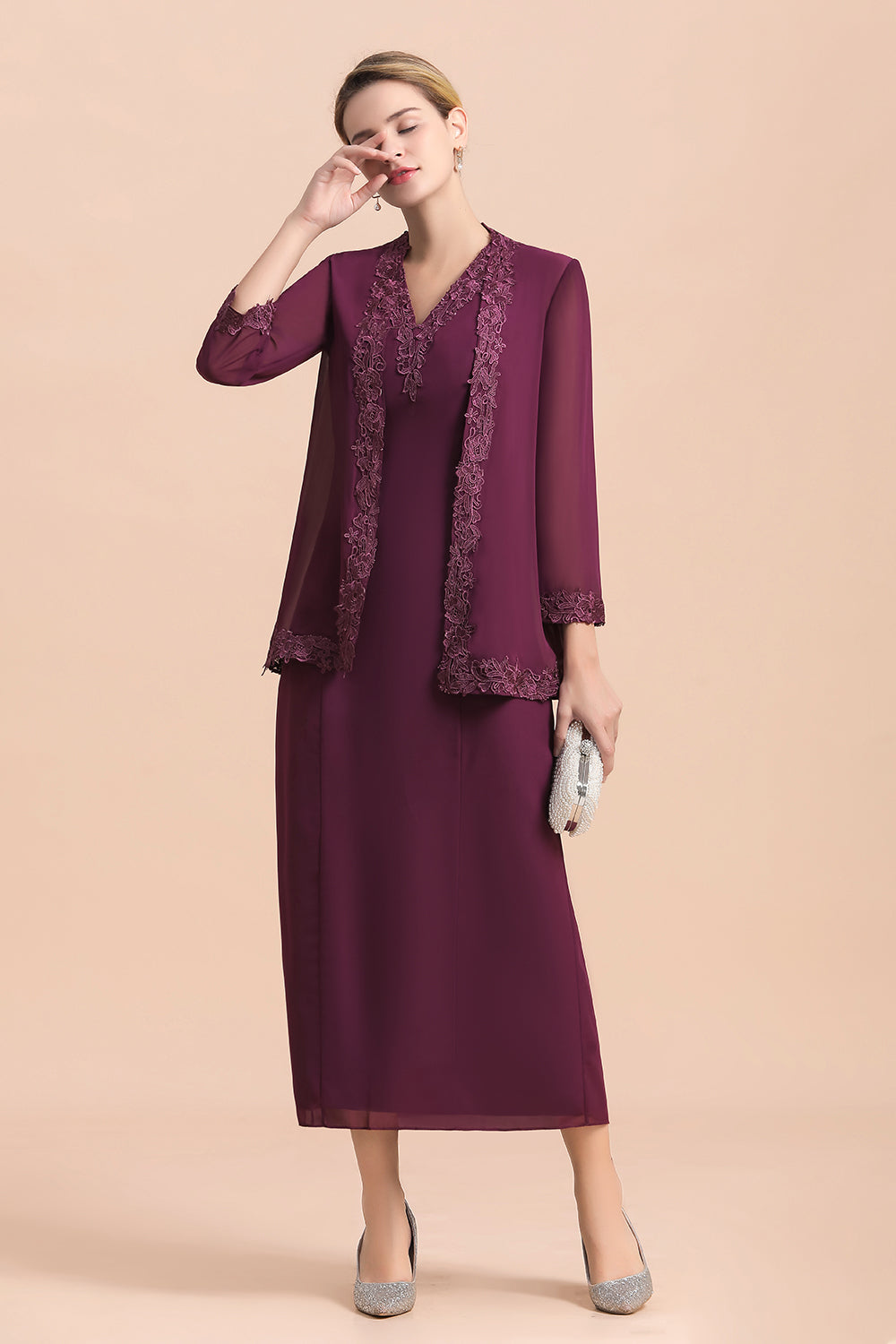BMbridal Elegant V-Neck SLeeveless Apppliques Grape Mother of Bride Dress with Wraps