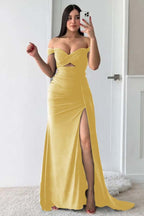 Off Shoulder Sleeveless Long Split Prom Dress Pleated Custom Colors Sizes