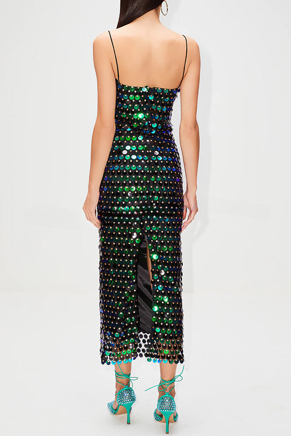 Abiti midi per feste di compleanno con spalline sottili e lustrini brillanti glamour