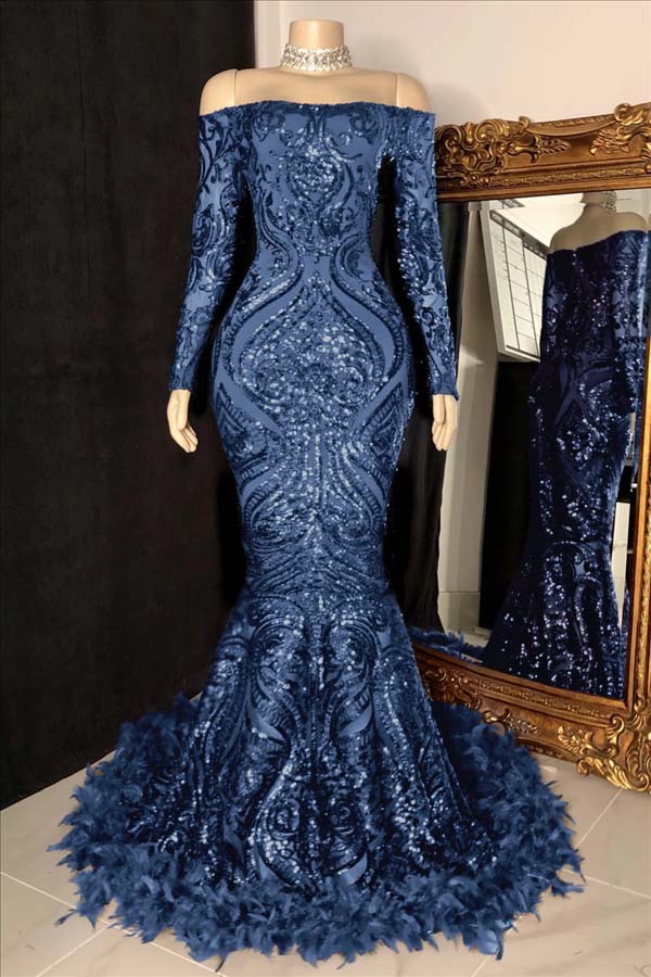 Custom Made Burgundy Sequin Mermaid Prom Dress With Long Sleeves And Feathers