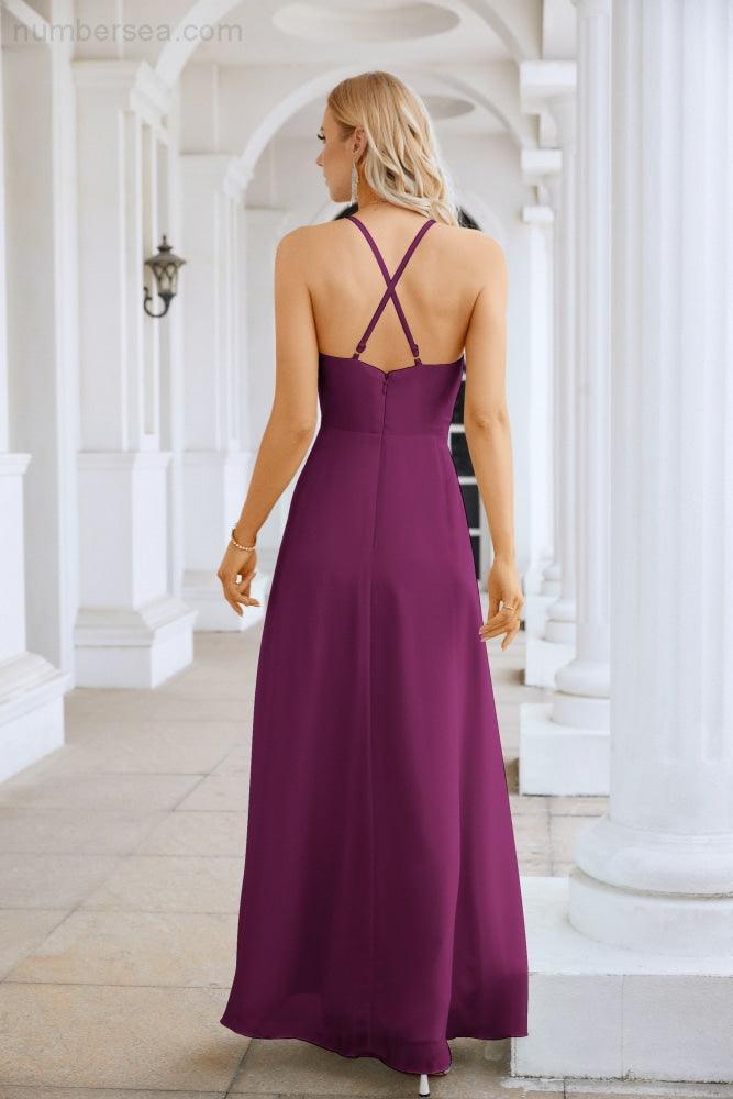 Vestido de Festa Comprido até ao Chão para Damas de Honra, em Chiffon, com Alças Finas, Decote em V e Fenda Frontal, para Baile, Festa e Casamento 28116