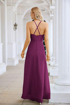 Vestido de Festa Comprido até ao Chão para Damas de Honra, em Chiffon, com Alças Finas, Decote em V e Fenda Frontal, para Baile, Festa e Casamento 28116