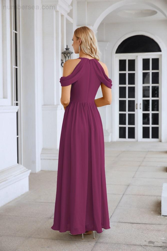 Abito da sera da damigella in chiffon con spalle scoperte, maniche a campana e spacco frontale, abito da festa nuziale 28117