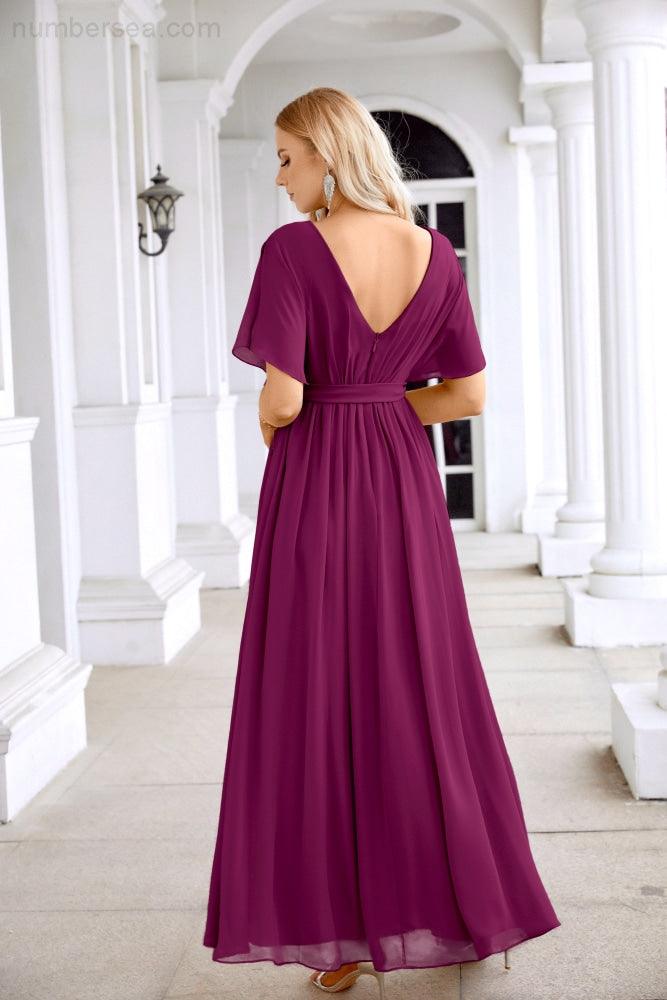 Robe de soirée longue jusqu'au sol pour demoiselle d'honneur, manches en mousseline, encolure ronde, fente avant, pour mariage et fête 28124