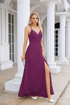 Vestido de Festa Comprido até ao Chão para Damas de Honra, em Chiffon, com Alças Finas, Decote em V e Fenda Frontal, para Baile, Festa e Casamento 28116
