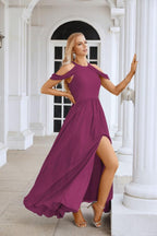 Abito da sera da damigella in chiffon con spalle scoperte, maniche a campana e spacco frontale, abito da festa nuziale 28117