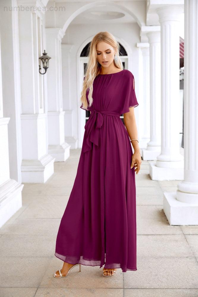 Robe de soirée longue jusqu'au sol pour demoiselle d'honneur, manches en mousseline, encolure ronde, fente avant, pour mariage et fête 28124