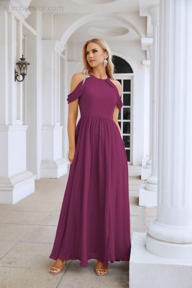Abito da sera da damigella in chiffon con spalle scoperte, maniche a campana e spacco frontale, abito da festa nuziale 28117