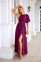 Robe de soirée longue jusqu'au sol pour demoiselle d'honneur, manches en mousseline, encolure ronde, fente avant, pour mariage et fête 28124