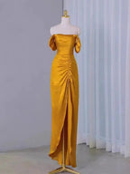 Vestido de fiesta amarillo plisado con escote barco y abertura Y7598