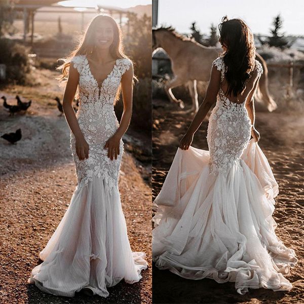 Bmbridal V-Neck Mermaid Wedding Dress With Appliques And Beading Chapel Train