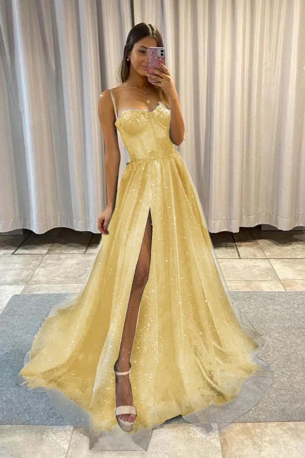 Sequined Spaghetti Strap Sleeveless Long Split Prom Dress
