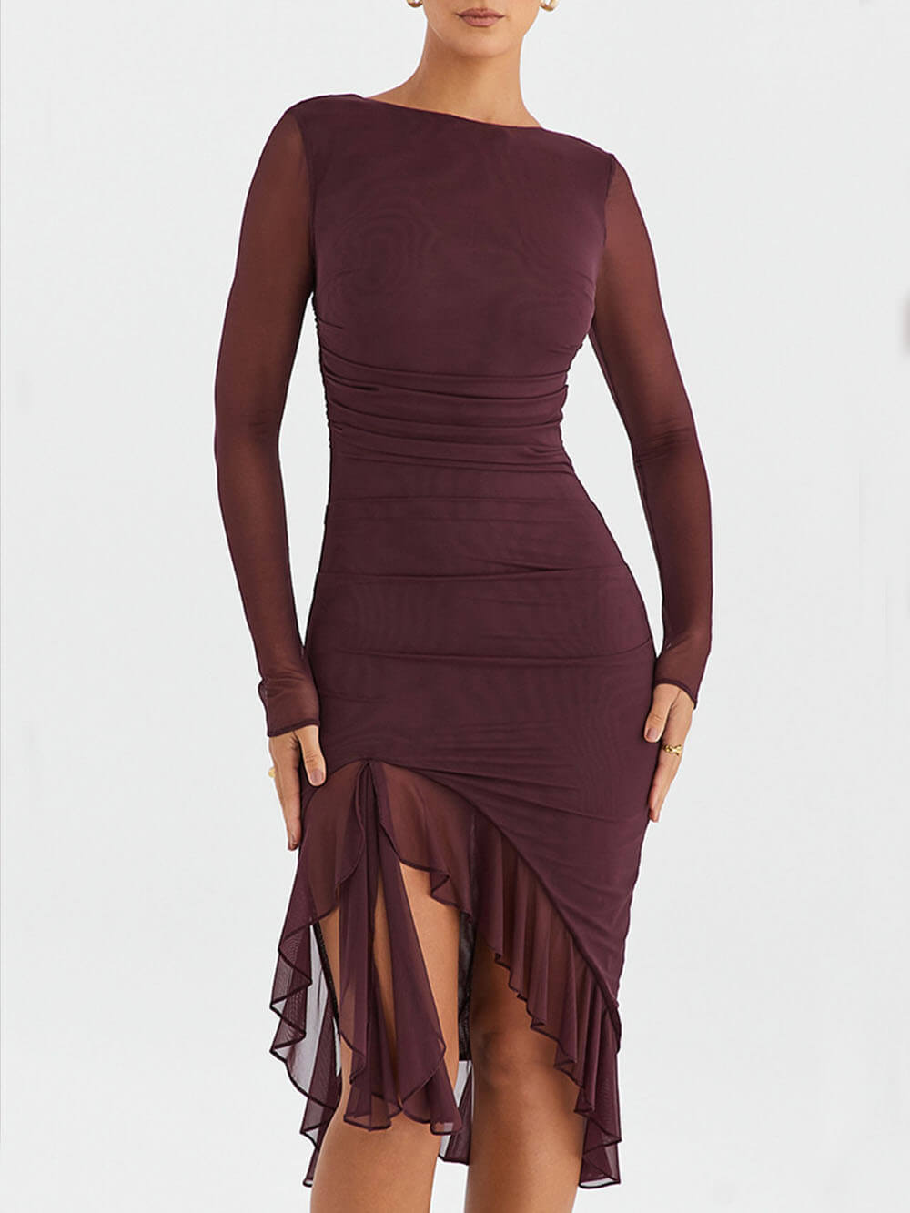 Weinrotes Midikleid mit Rüschen 