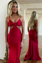 Vestido de Baile Comprido Cauda de Sereia Vermelho com Finas Alças de Espaguete