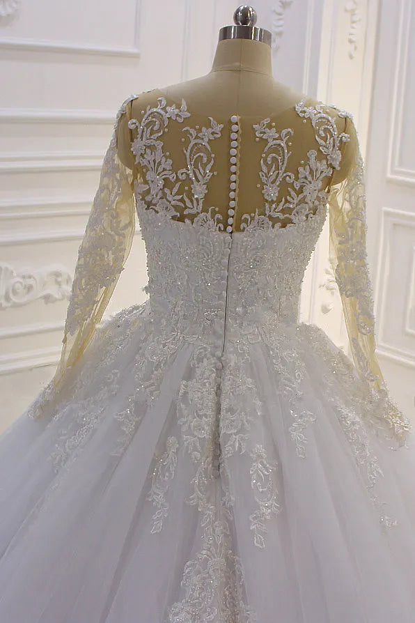 Elegant Long Sleeves Bateau Lace A Line Wedding Dress With Pearl Tulle Appliques