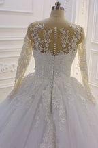 Elegant Long Sleeves Bateau Lace A Line Wedding Dress With Pearl Tulle Appliques
