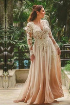 Bmbridal Lace V Neck Long Sleeve Backless Wedding Dress 100D Chiffon