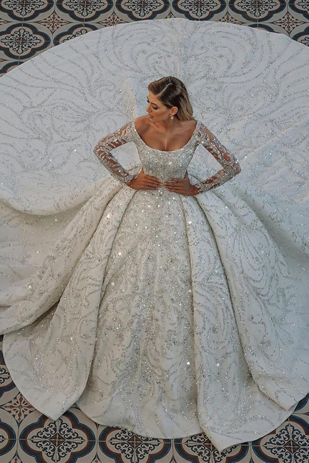 Bmbridal Long Sleeve Satin Ball Gown Wedding Dress Beaded Sequined
