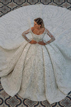 Bmbridal Long Sleeve Satin Ball Gown Wedding Dress Beaded Sequined