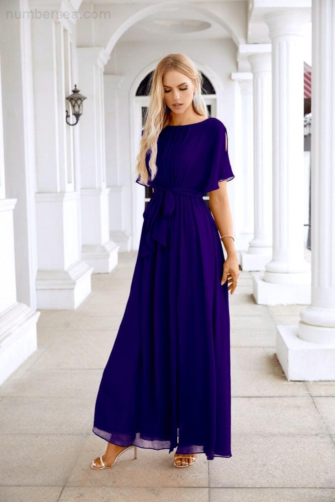 Robe de soirée longue jusqu'au sol pour demoiselle d'honneur, manches en mousseline, encolure ronde, fente avant, pour mariage et fête 28124