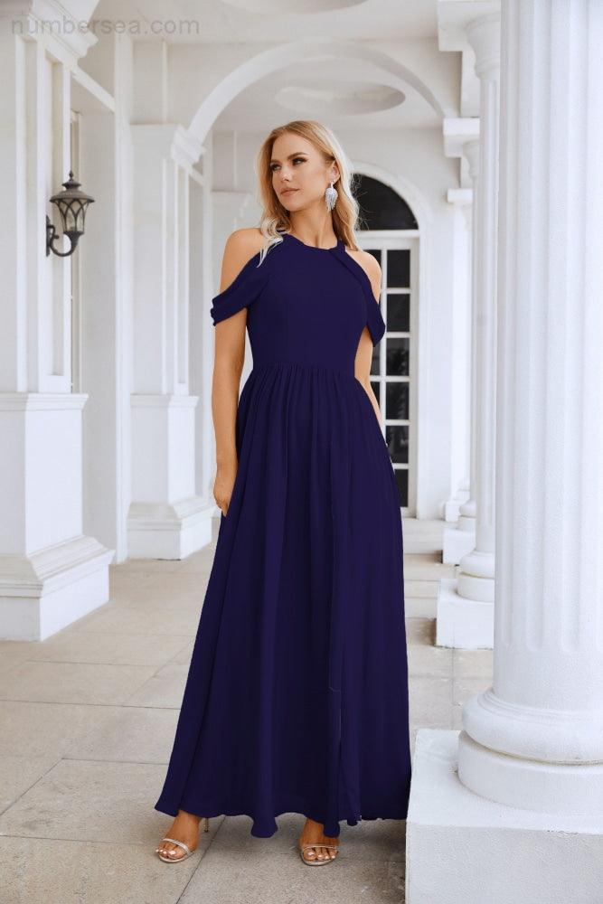 Abito da sera da damigella in chiffon con spalle scoperte, maniche a campana e spacco frontale, abito da festa nuziale 28117