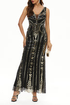 Elegante faculdade patchwork lantejoulas com decote em V vestidos de noite