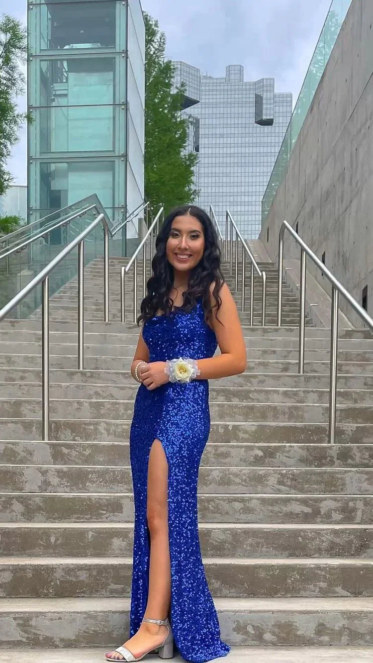 Vestido largo de fiesta azul real con lentejuelas y abertura lateral Vestido de noche elegante Y128