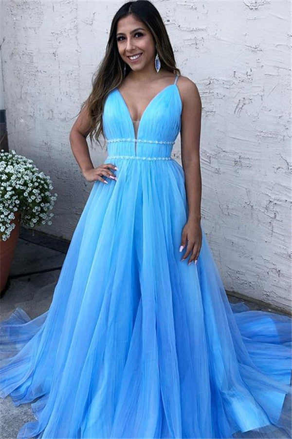 Spaghettiträger V-Ausschnitt Tüll Blau Ballkleid Ärmellos Lang