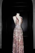 Vestido largo de noche formal con escote en V profundo, lentejuelas y espalda descubierta, vestido de gala Y8683