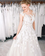Charming Bateau Floor Length Tulle A Line Wedding Dress With Applique Lace Pearl