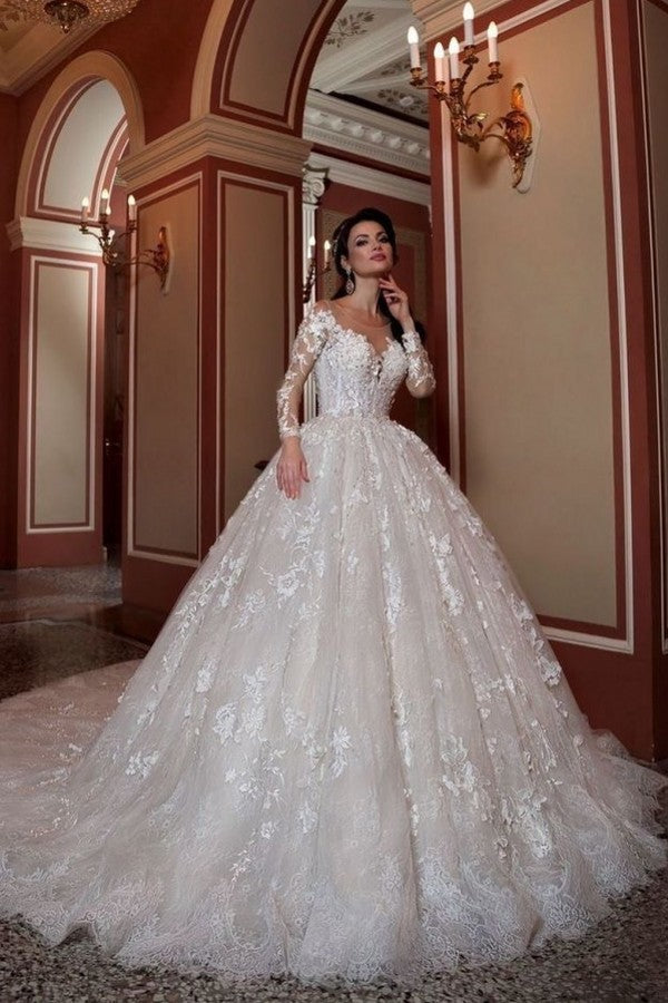 Amazing Bateau Long Sleeve Beading Train Wedding Dress With A Line Lace
