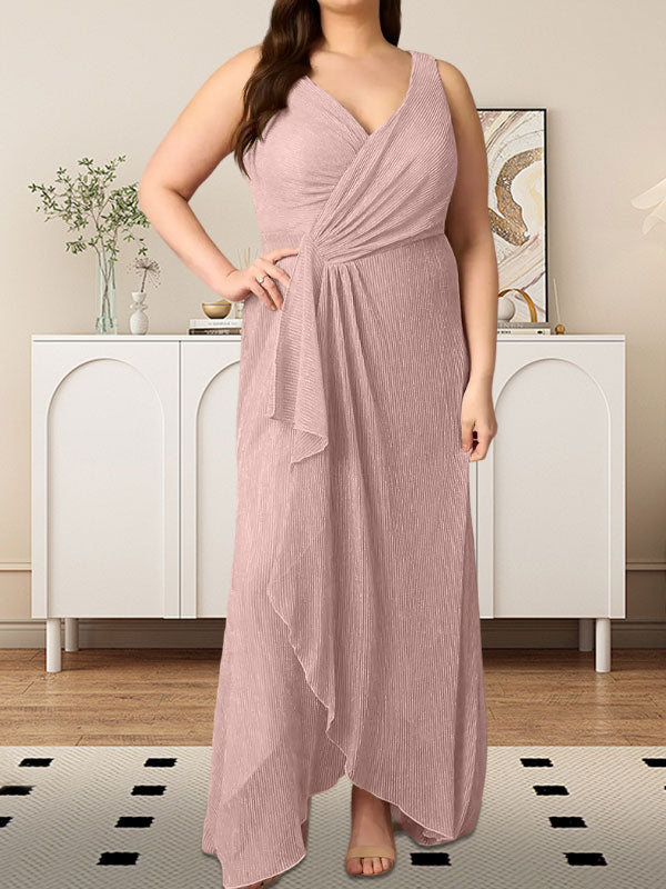 A-Line V-Neck Ruched Metallic Mesh Dress