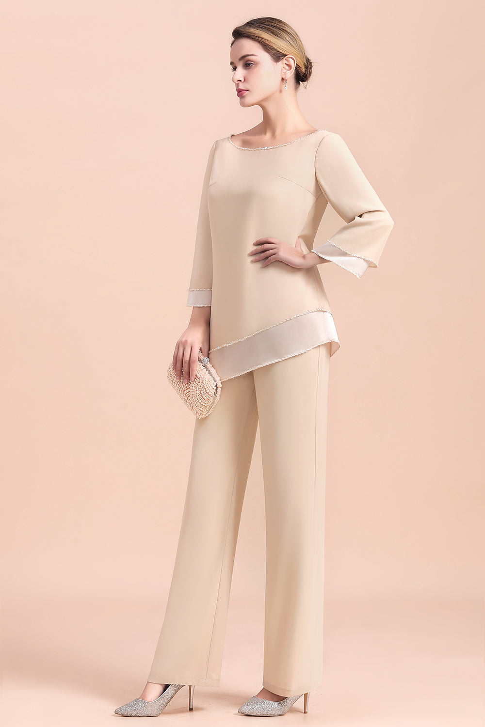 BMbridal Chic Round-Neck Champagne Chiffon Mother of Bride Jumpsuit Online