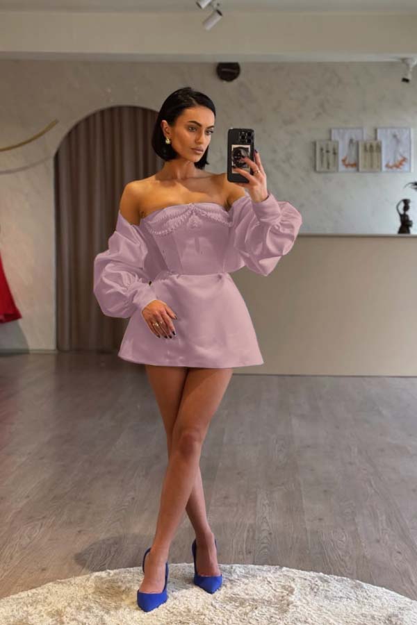 Spaghetti Strap Long Sleeves A Line Prom Dress With Beading